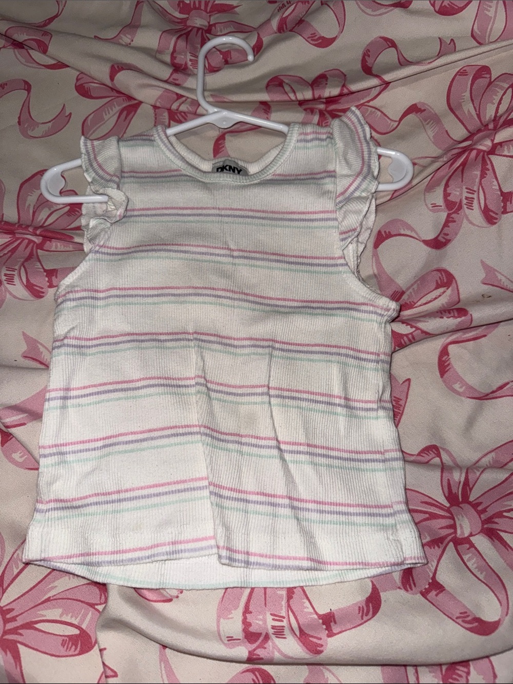 DKNY White Tank Top with Pink and Light Green Stripes